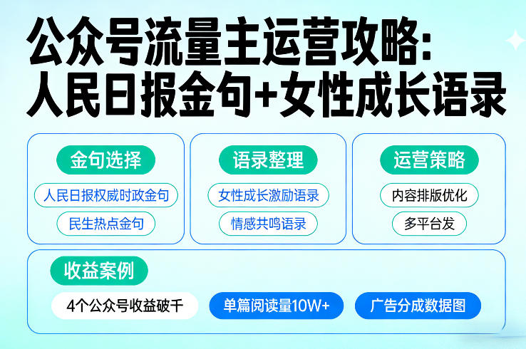 利用人民日报金句+女性成长语录做公众号流量主，4个公众号收益破千-网创资源大全