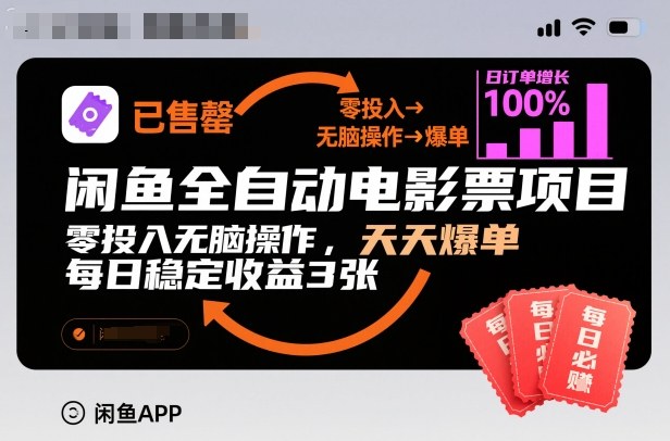 闲鱼全自动电影票项目，零投入无脑操作，天天爆单，每日稳定收益3张【揭秘】-网创资源大全