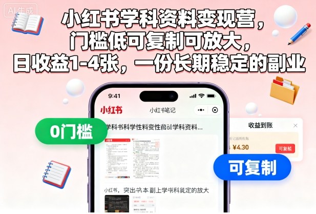 小红书学科资料变现营,门槛低可复制可放大,日收益1-4张,一份长期稳定的副业-网创资源大全