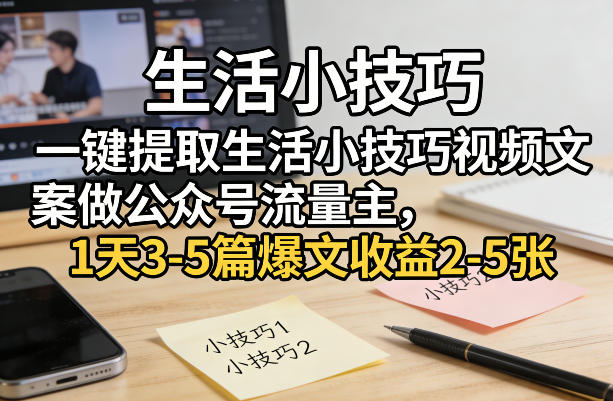 一键提取生活小技巧视频文案做公众号流量主，1天3-5篇爆文收益2-5张-网创资源大全