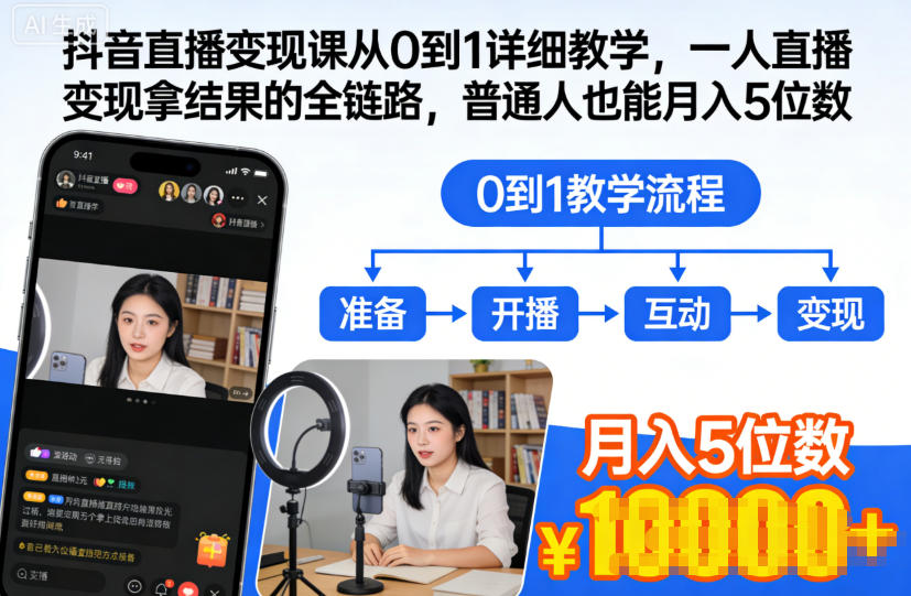 抖音直播变现课从0到1详细教学，一人直播变现拿结果的全链路，普通人也能月入5位数-网创资源大全
