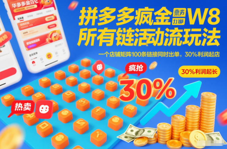 拼多多疯狂活动流玩法，所有链接全部打标，一个店铺矩阵100条链接同时出单，30%利润起店-网创资源大全