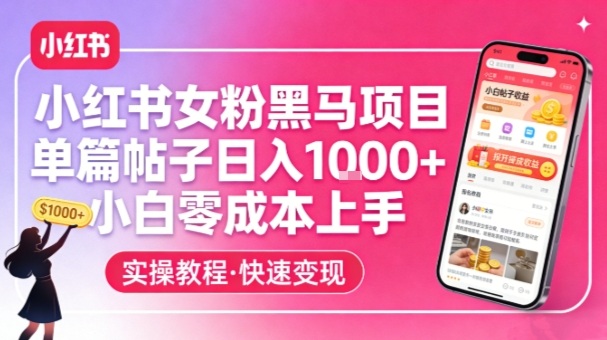 小红书女粉黑马项目，单篇帖子日入1k+，小白零成本上手-网创资源大全