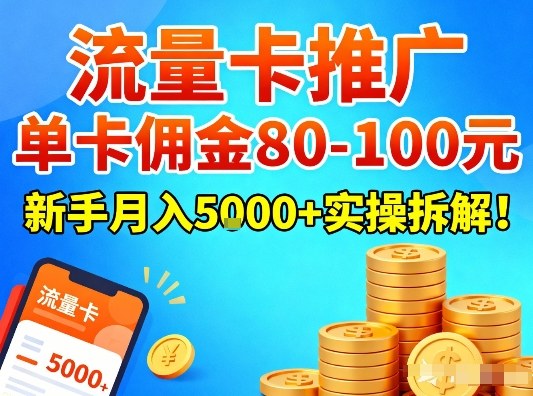流量卡推广，单卡佣金80-100，新手月入5k+实操拆解！-网创资源大全