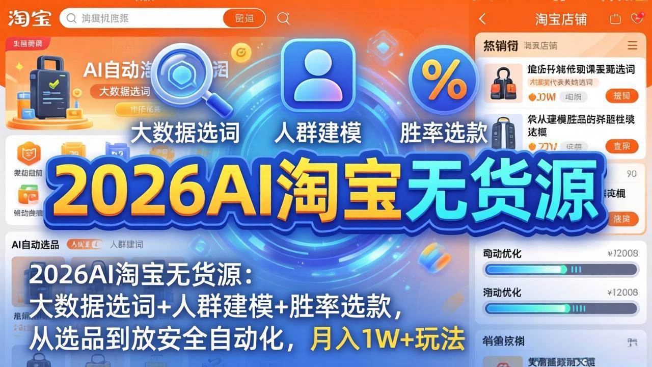 (17812期)2026AI淘宝无货源:大数据选词+人群建模+胜率选款,从选品到放大全自动化,月入1W+玩法-网创资源大全