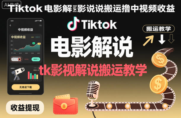 Tiktok电影解说搬运撸中视频收益，tk影视解说搬运教学-网创资源大全