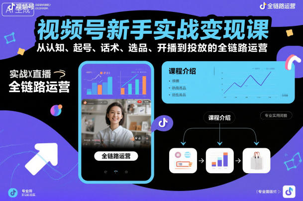 视频号新手实战变现课,从认知、起号、话术、选品、开播到投放的全链路运营-网创资源大全