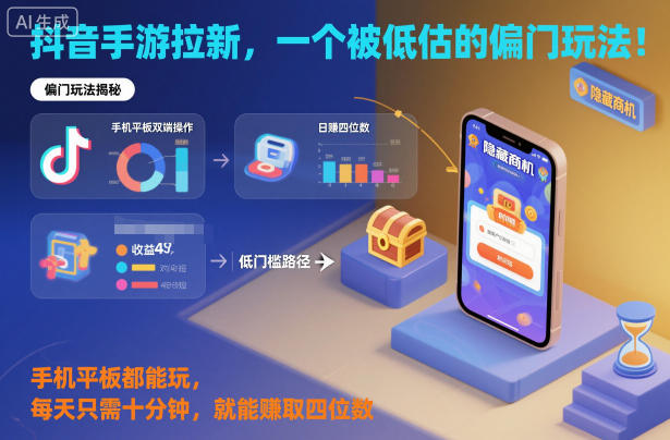 抖音手游拉新，一个被低估的偏门玩法！手机平板都能玩，每天只需十分钟，就能賺取四位数【揭秘】-网创资源大全