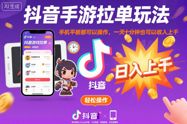 抖音手游拉单玩法，手机平板都可以操作，一天十分钟也可以收入上K【揭秘】-网创资源大全