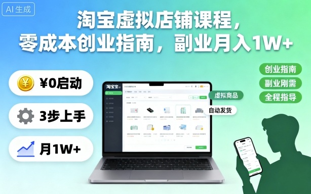 淘宝虚拟店铺课程,零成本创业指南,副业月入1W+-网创资源大全