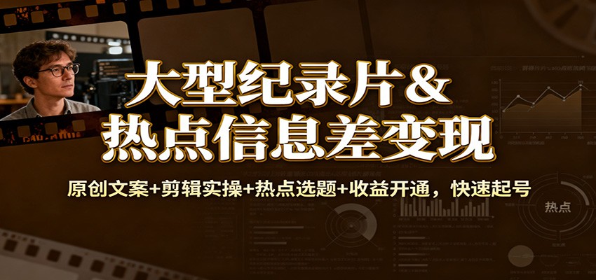 大型纪录片&热点信息差变现：原创文案+剪辑实操+热点选题+收益开通，快速起号-网创资源大全