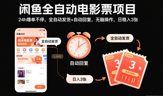 闲鱼全自动电影票项目，24h爆单不停，全自动发货+自动回复，无脑操作，日稳入3张【揭秘】-网创资源大全