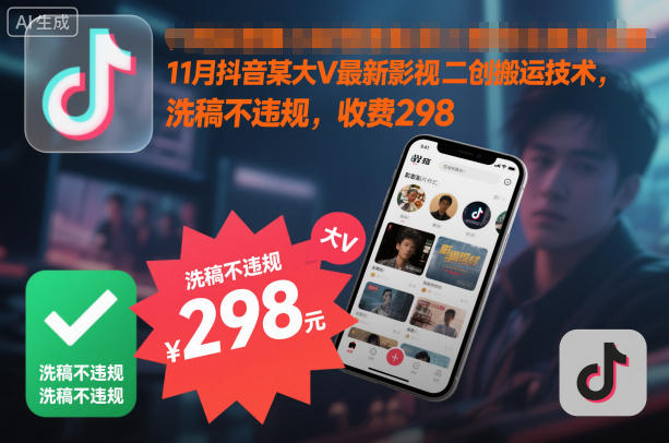 11月抖音某大V最新影视二创搬运技术,洗稿不违规,收费298-网创资源大全