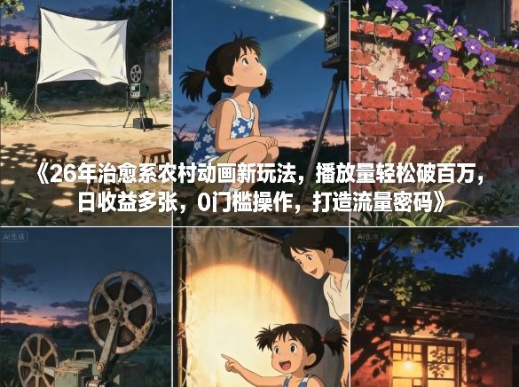 26年治愈系农村动画新玩法，播放量轻松破百万，日收益多张，0门槛操作，打造流量密码-网创资源大全