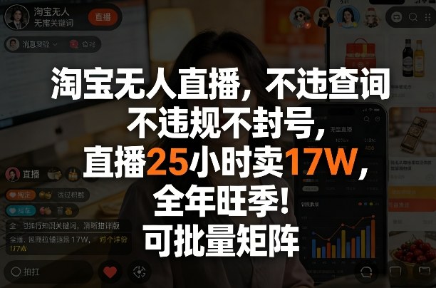 淘宝无人直播，不违规不封号，直播25小时卖17W，全年旺季！可批量矩阵【揭秘】-网创资源大全