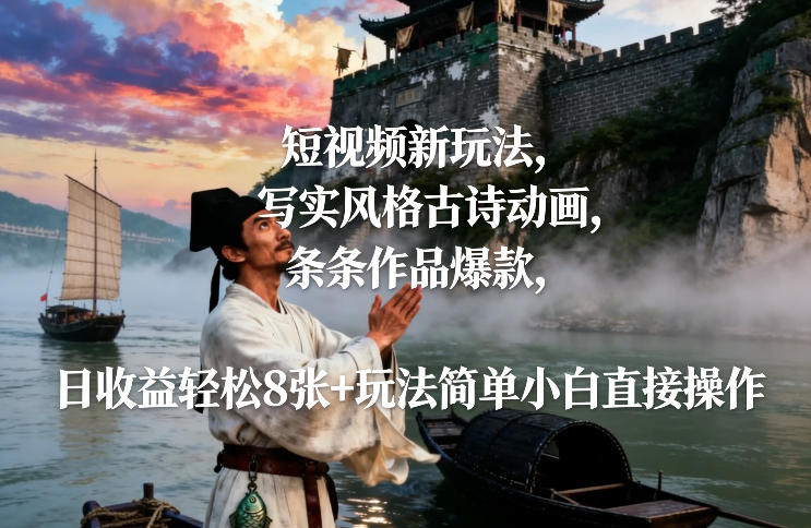 短视频新玩法，写实风格古诗动画，条条作品爆款，日收益轻松8张+玩法简单小白直接操作-网创资源大全