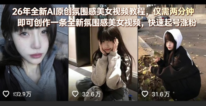 26年全新AI原创氛围感美女视频教程,仅需两分钟即可创作一条全新氛围感美女视频,快速起号涨粉-网创资源大全