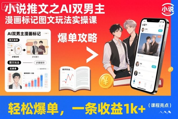 小说推文之AI双男主漫画标记图文玩法实操课，轻松爆单，一条收益1k+-网创资源大全