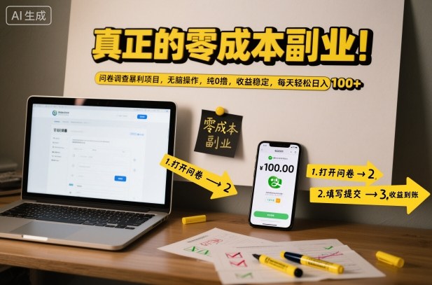 真正的零成本副业！问卷调查暴利项目，无脑操作，纯0撸，收益稳定，每天轻松日入100+【揭秘】-网创资源大全