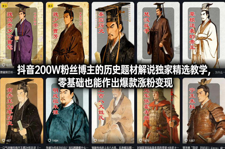 抖音200W粉丝博主的历史题材解说独家精选教学，零基础也能作出爆款涨粉变现-网创资源大全