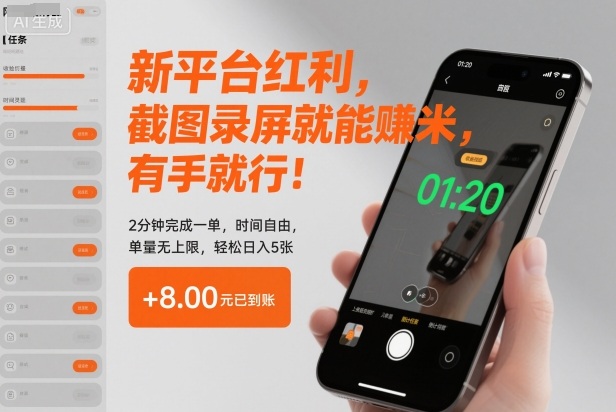 新平台红利，截图录屏就能賺米，有手就行！2分钟完成一单，时间自由，单量无上限，轻松日入5张【揭秘】-网创资源大全