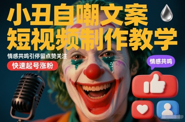小丑自嘲文案短视频制作教学，情感共鸣引停留点赞关注，快速起号涨粉-网创资源大全