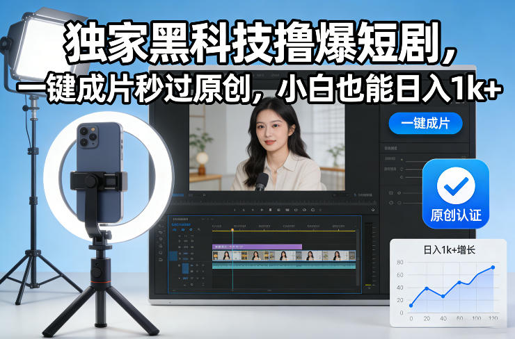 独家黑科技撸爆短剧，一键成片秒过原创，小白也能日入1k+【揭秘】-网创资源大全